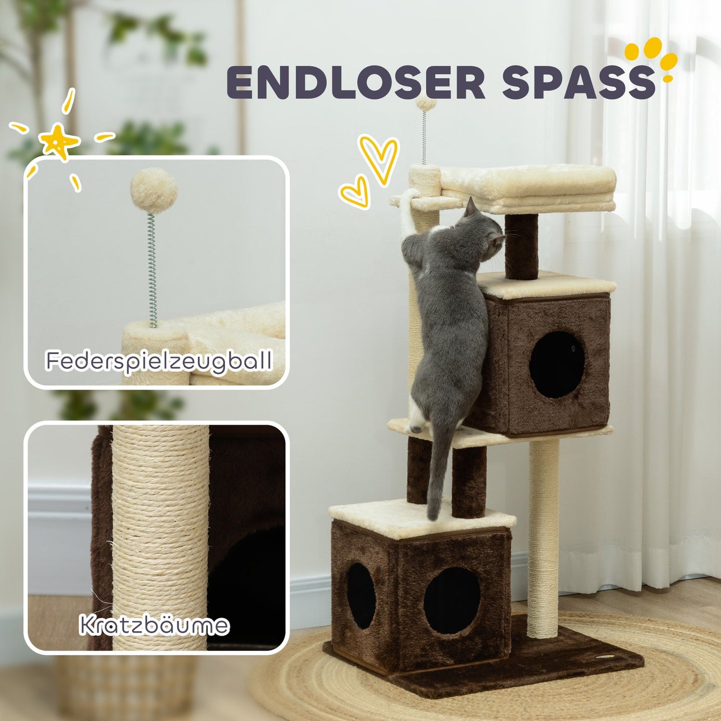 Cat tree 107 cm with cave, bed, play ball, dark brown