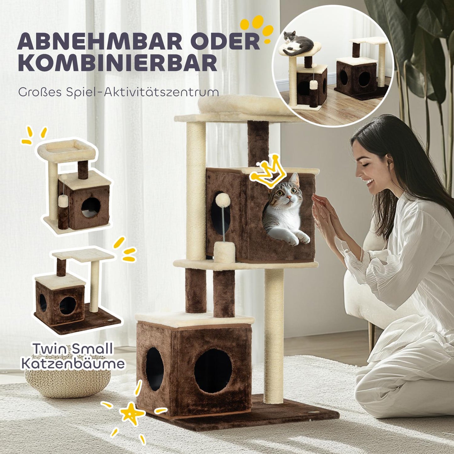 Cat tree 107 cm with cave, bed, play ball, dark brown