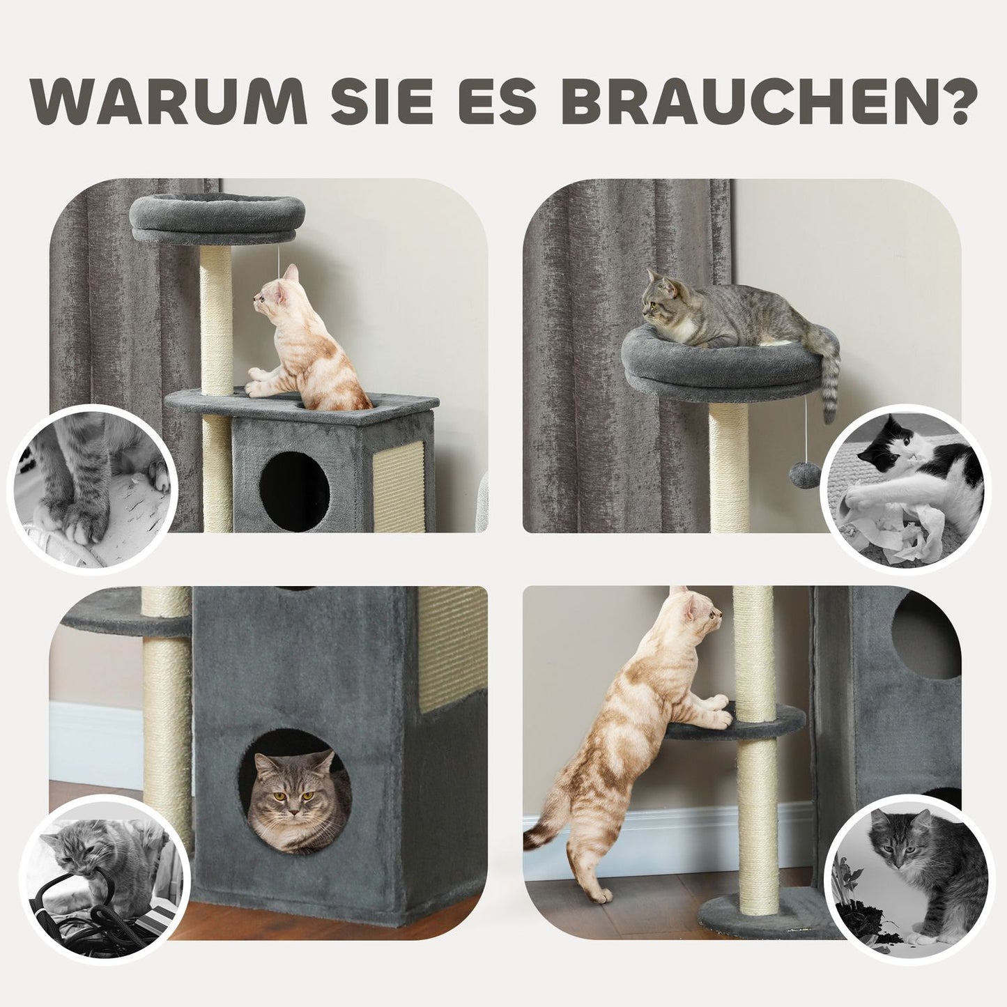 Cat tree with cave, bed and ball - 111 cm, grey, for cats up to 5 kg