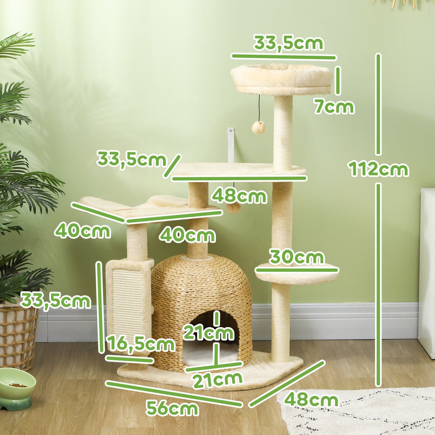 Beige 112 cm cat tree with cave, bed and sisal posts