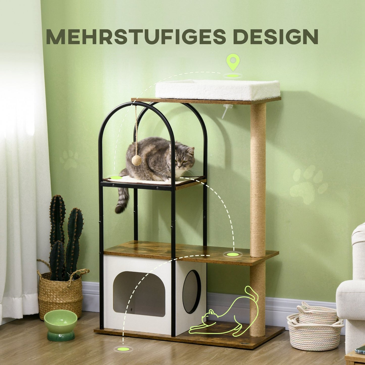Cat tree 118.5 cm with cave, bed & scratching mat