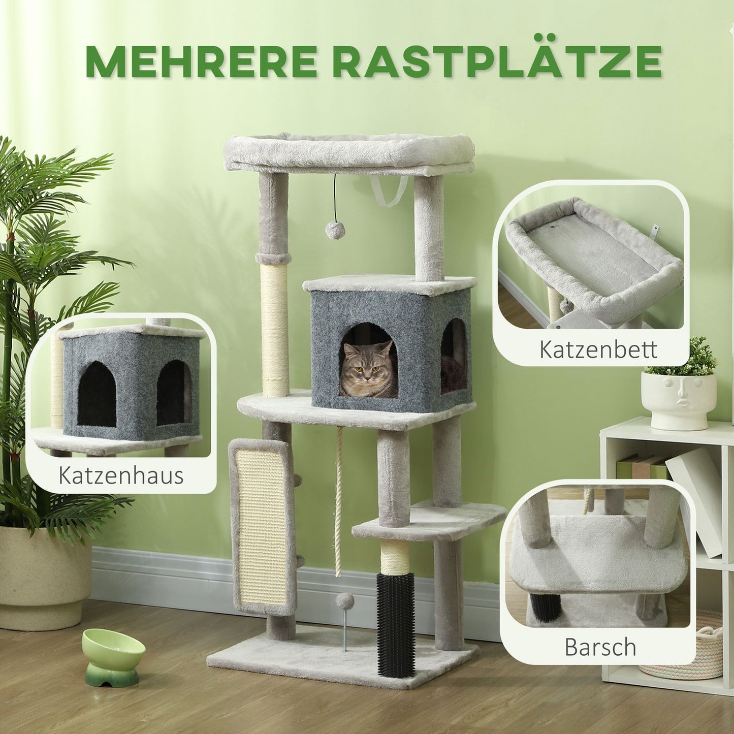 Cat tree with cave, sisal poles & play ball, 132 cm