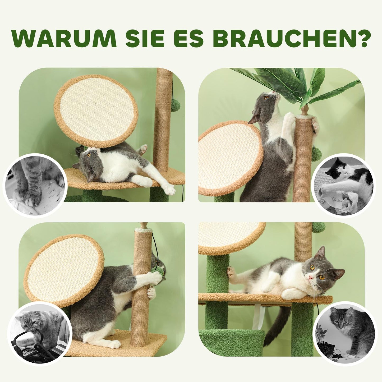 Cat tree scratching post 139 cm with cave, play ball, green