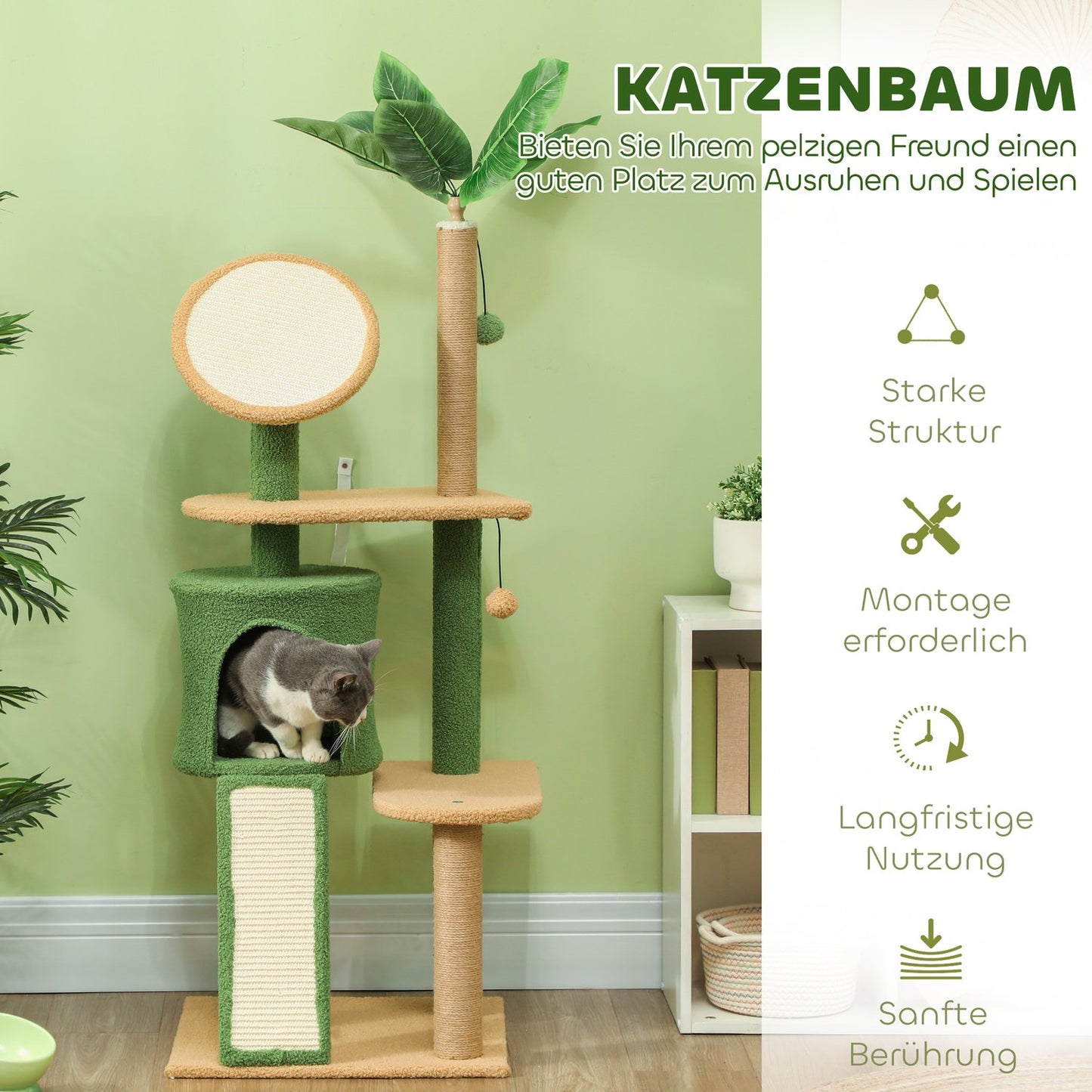 Cat tree scratching post 139 cm with cave, play ball, green