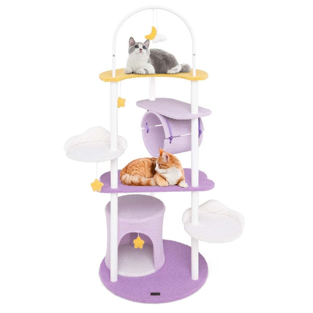 Scratching post 158 cm cat tree with cat cave tunnel hanging toy & large moon-shaped lying surface purple + white