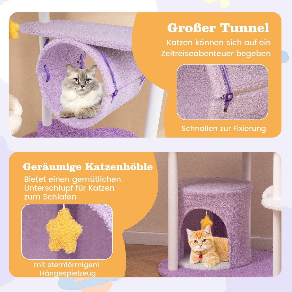 Scratching post 158 cm cat tree with cat cave tunnel hanging toy & large moon-shaped lying surface purple + white