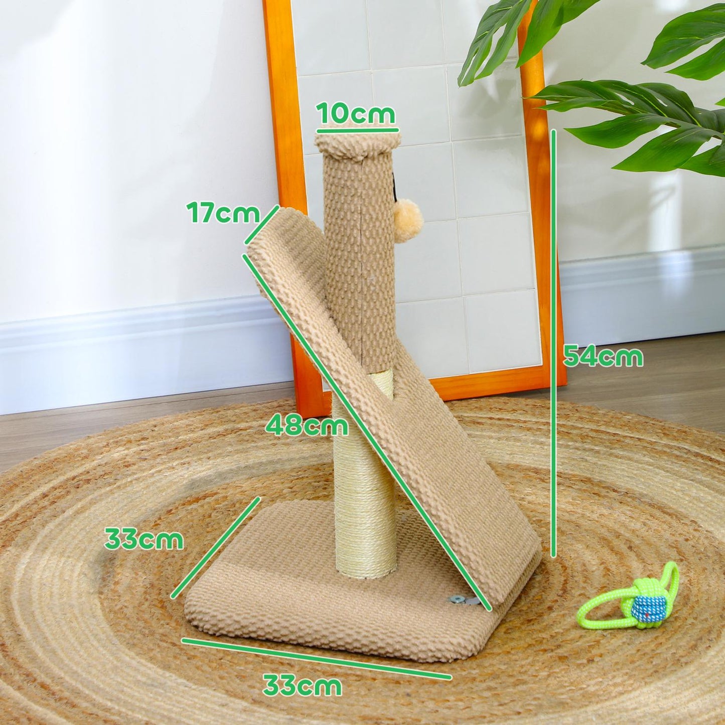 Cat scratching post, 54 cm sisal, cream white with play ball