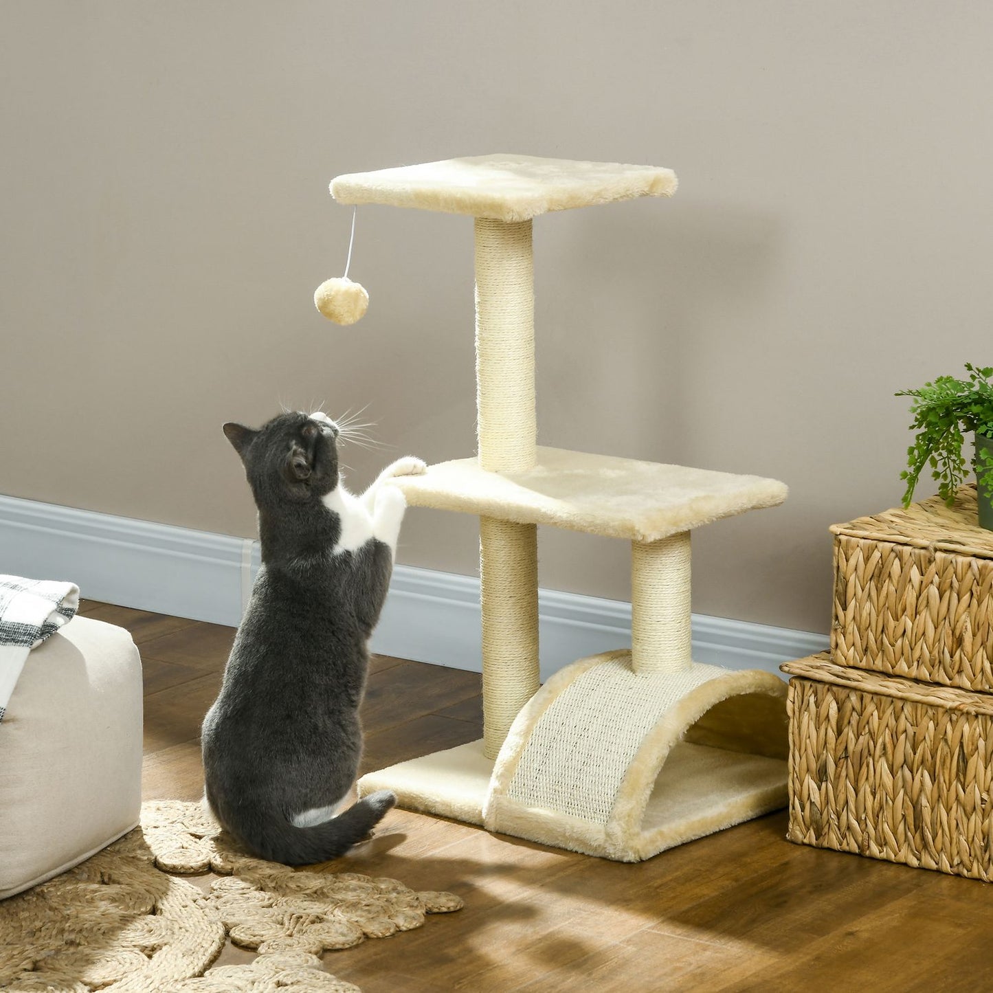 Scratching post 72 cm cat tower with plush balls, sisal posts, platform, scratching board cream white