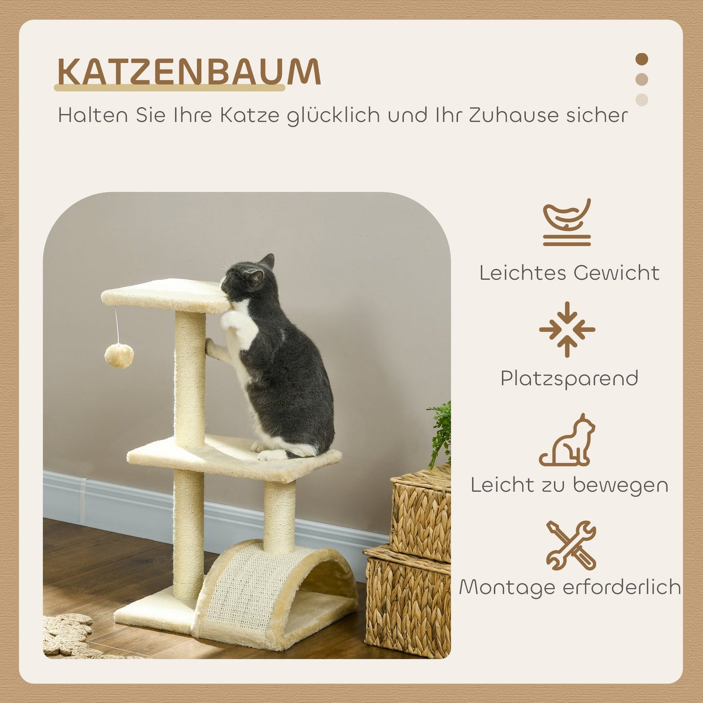 Scratching post 72 cm cat tower with plush balls, sisal posts, platform, scratching board cream white