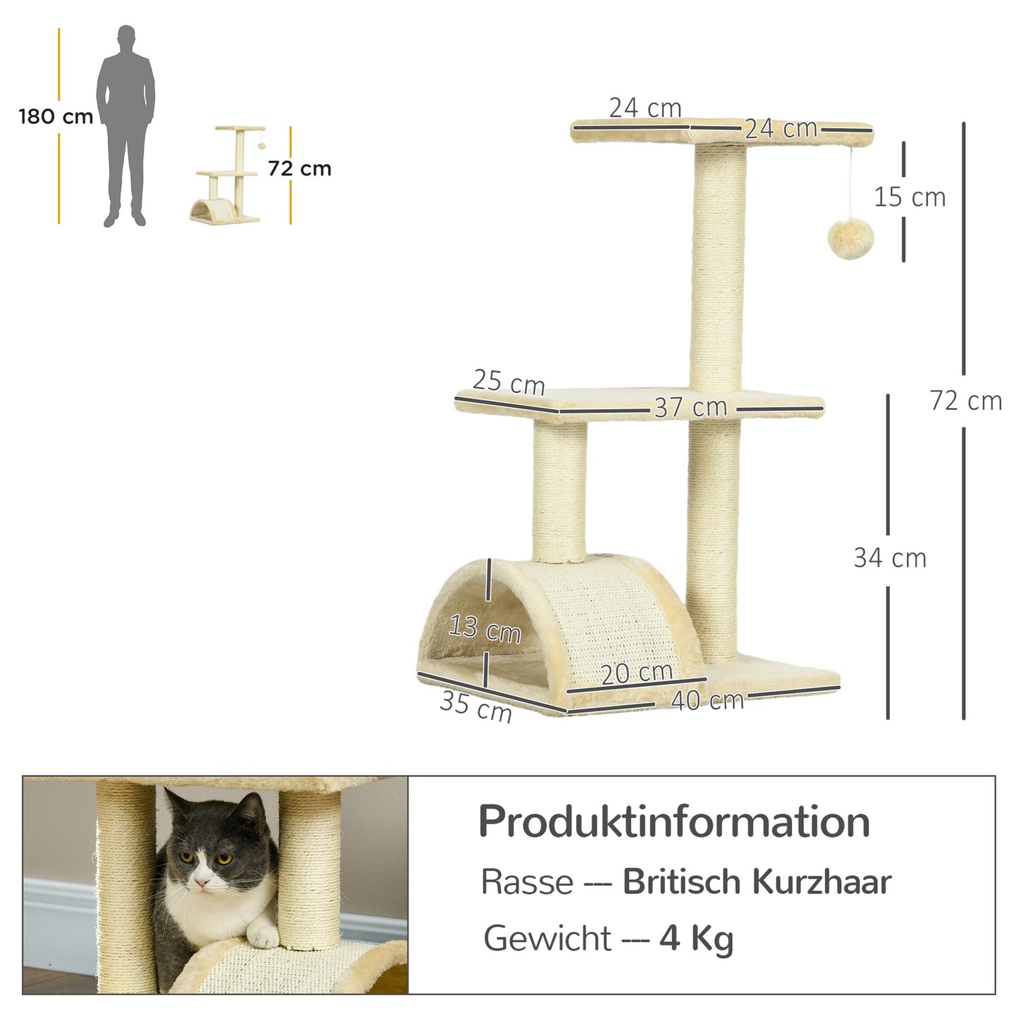 Scratching post 72 cm cat tower with plush balls, sisal posts, platform, scratching board cream white