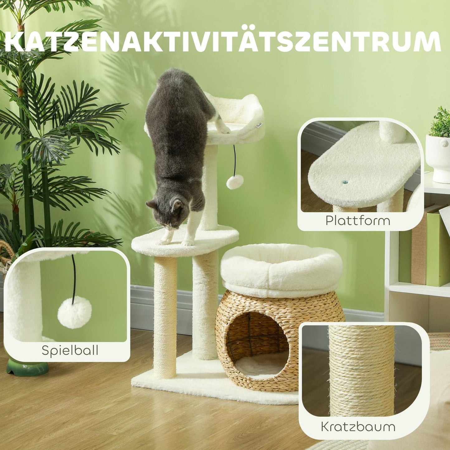 Cat tree with cave and beds, scratching posts, cream, up to 5 kg