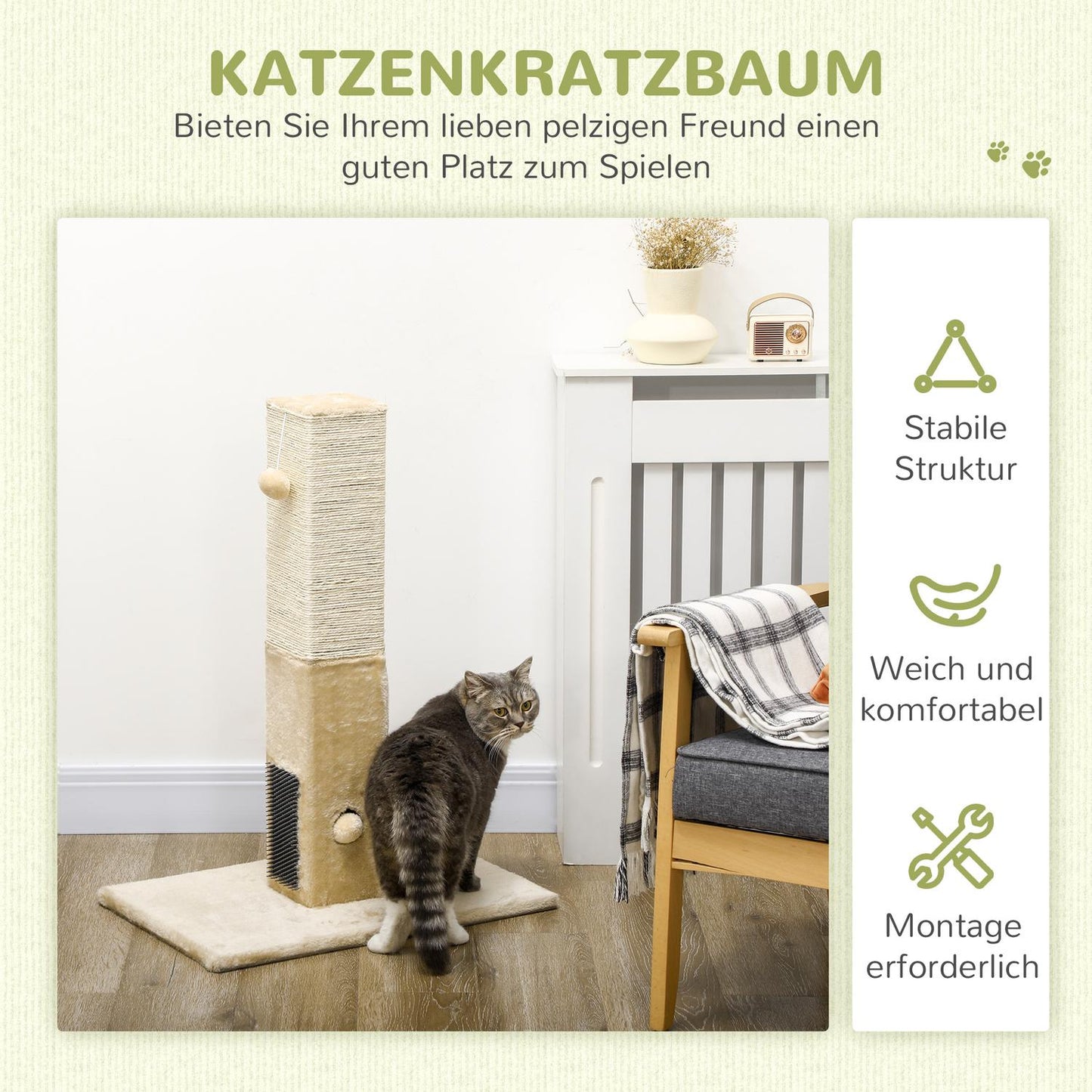 Beige cat scratching post, jute material, with play ball