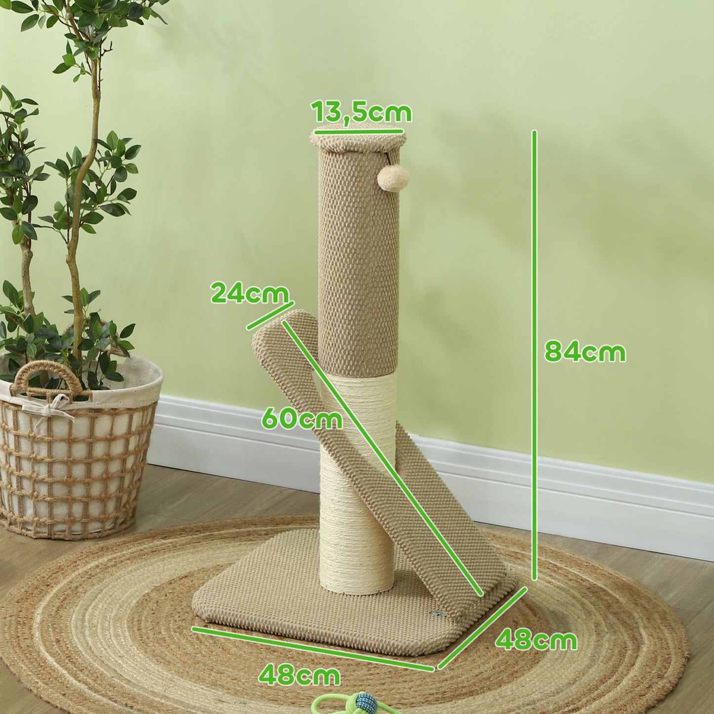 Sisal cat scratching post with play ball, indoors, 84cm