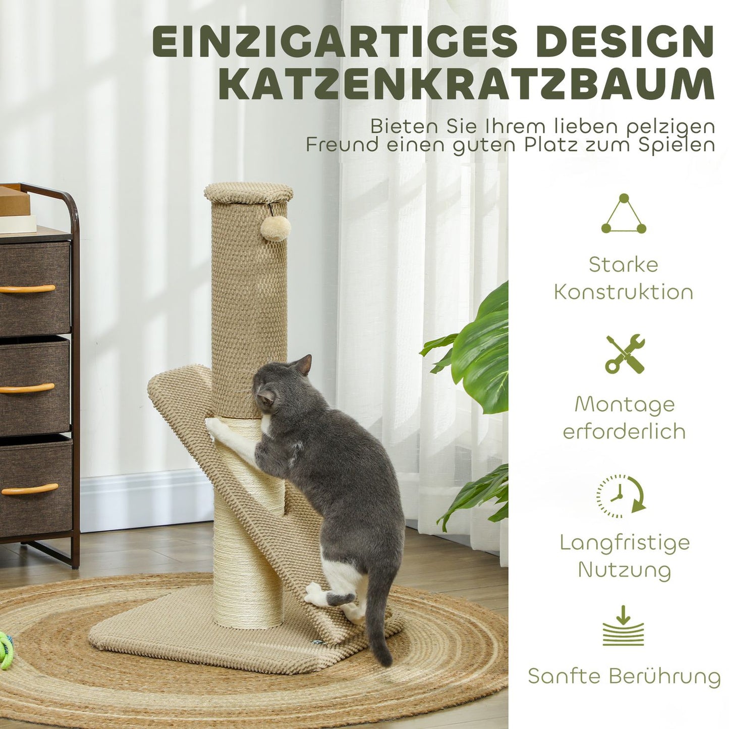 Sisal cat scratching post with play ball, indoors, 84cm