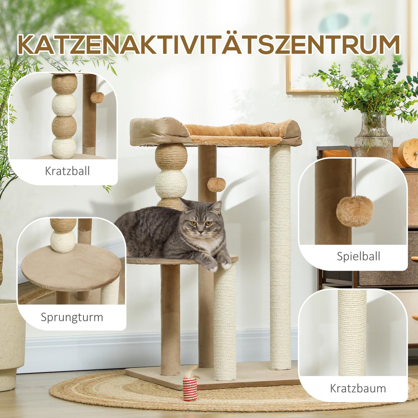 Cat tree with bed, platform and jute posts for 7 kg cats