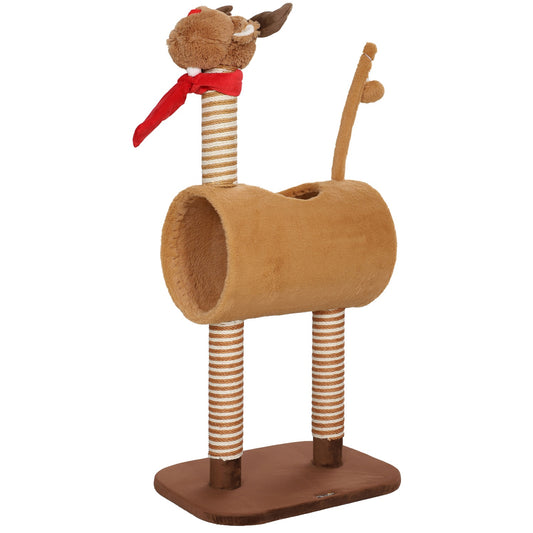 Scratching post 98 cm cat tower in deer design, with cave, play ball, jute trunks brown