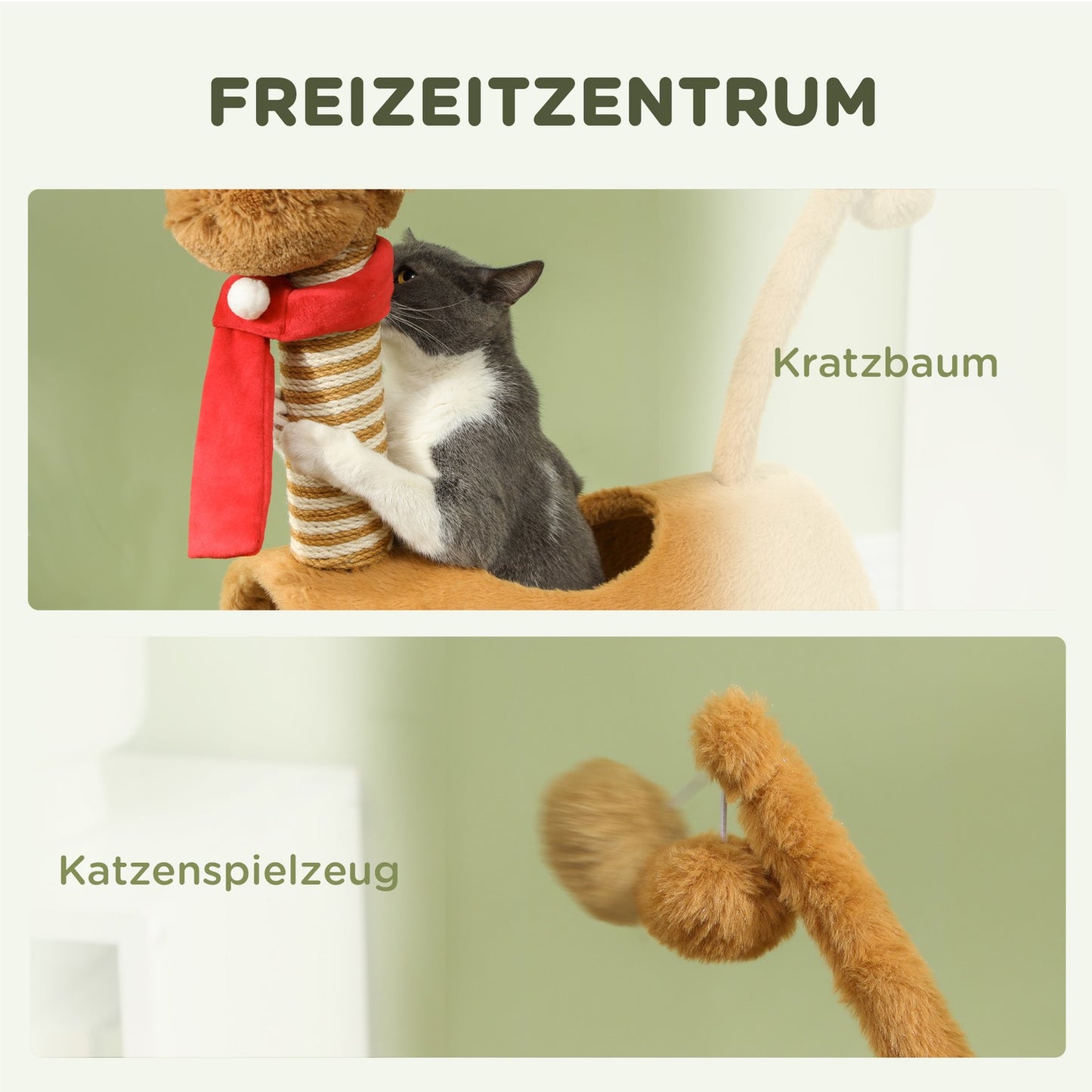 Scratching post 98 cm cat tower in deer design, with cave, play ball, jute trunks brown