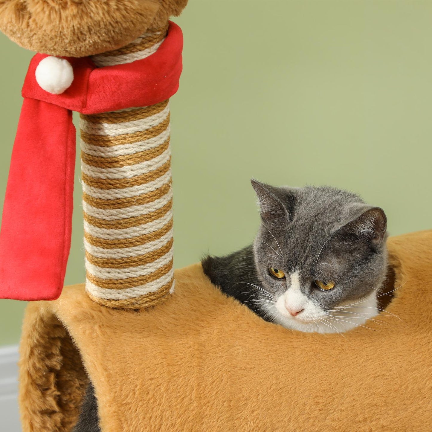 Scratching post 98 cm cat tower in deer design, with cave, play ball, jute trunks brown