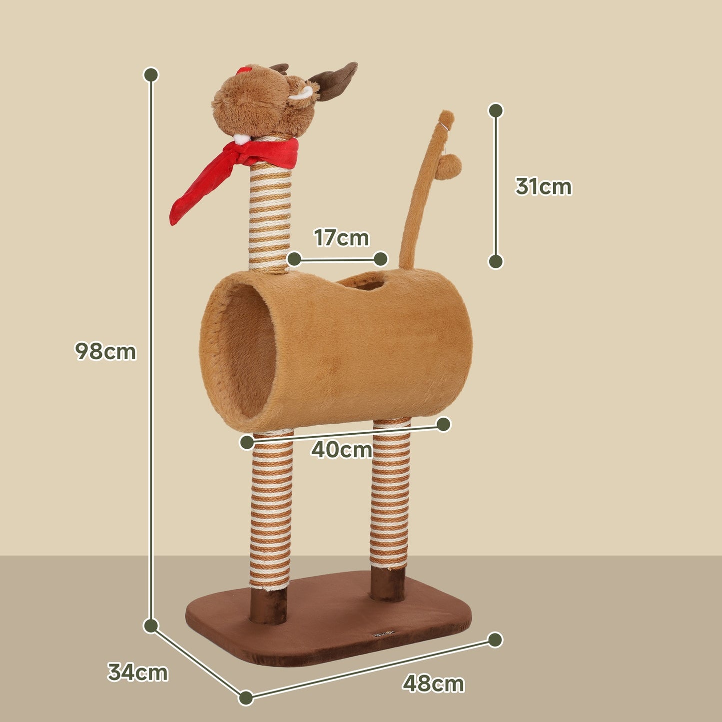 Scratching post 98 cm cat tower in deer design, with cave, play ball, jute trunks brown
