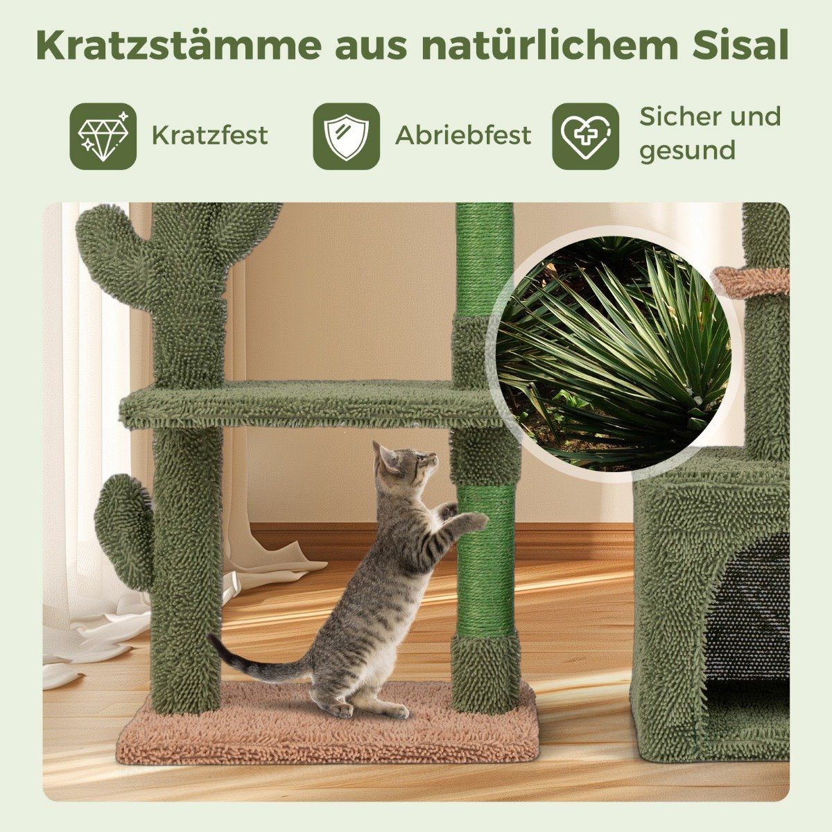 Scratching post cactus cat tree with platforms hammock cat cave green + brown (81cm high)