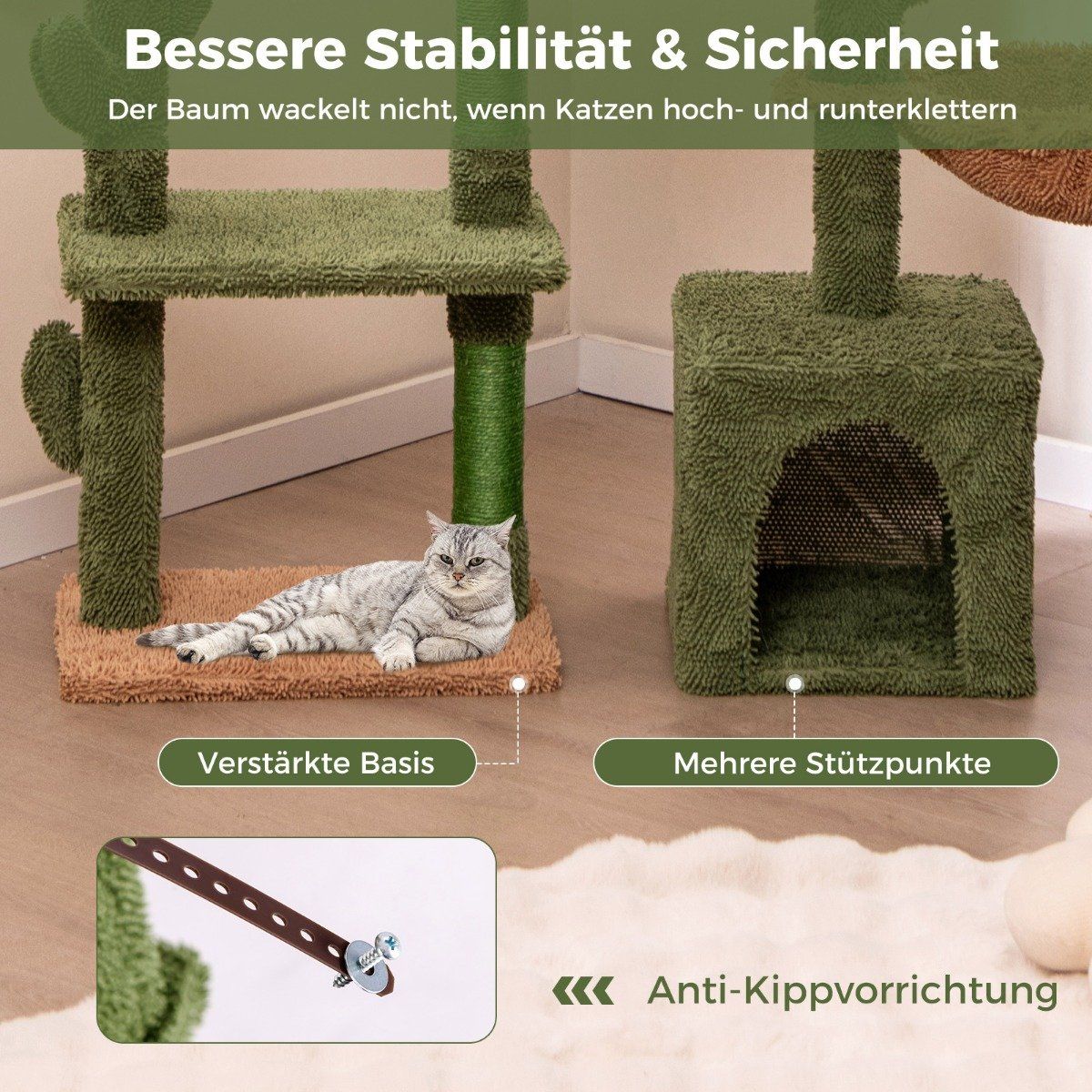 Scratching post cactus cat tree with platforms hammock cat cave green + brown (81cm high)