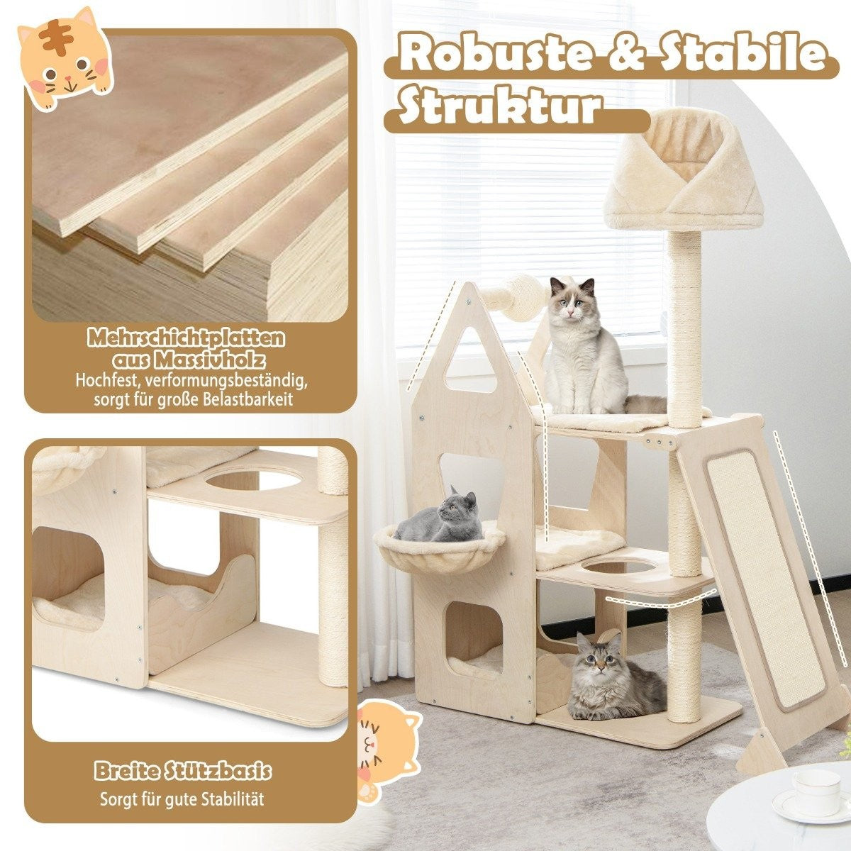 Scratching post cat paradise made of wood 111 x 42 x 155 cm natural
