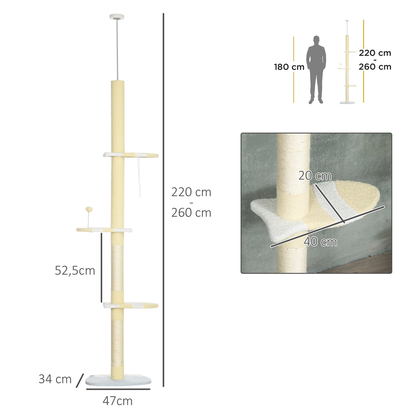 Adjustable cat scratching post with play ball, 220-260 cm