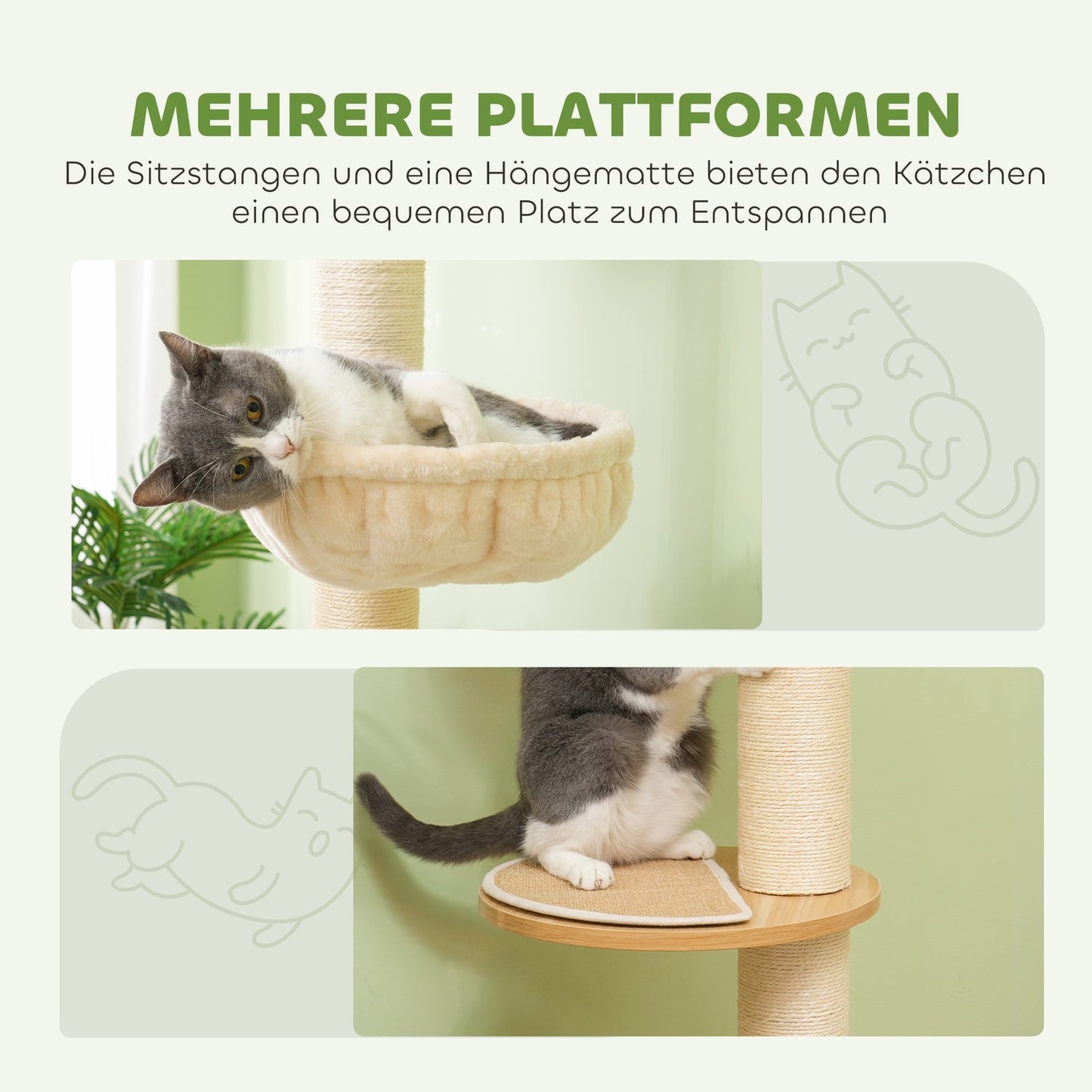 Adjustable cat tree with hammock, ceiling height 230-250cm