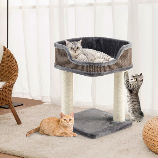 Scratching post cat tree play center with plush natural sisal tower gray