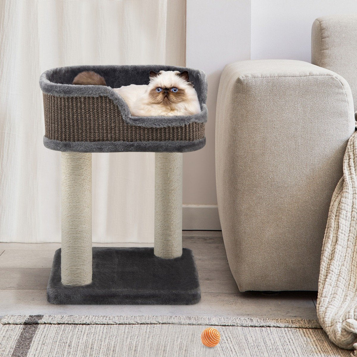 Scratching post cat tree play center with plush natural sisal tower gray
