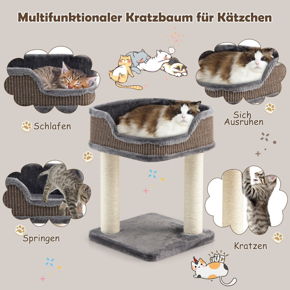 Scratching post cat tree play center with plush natural sisal tower gray