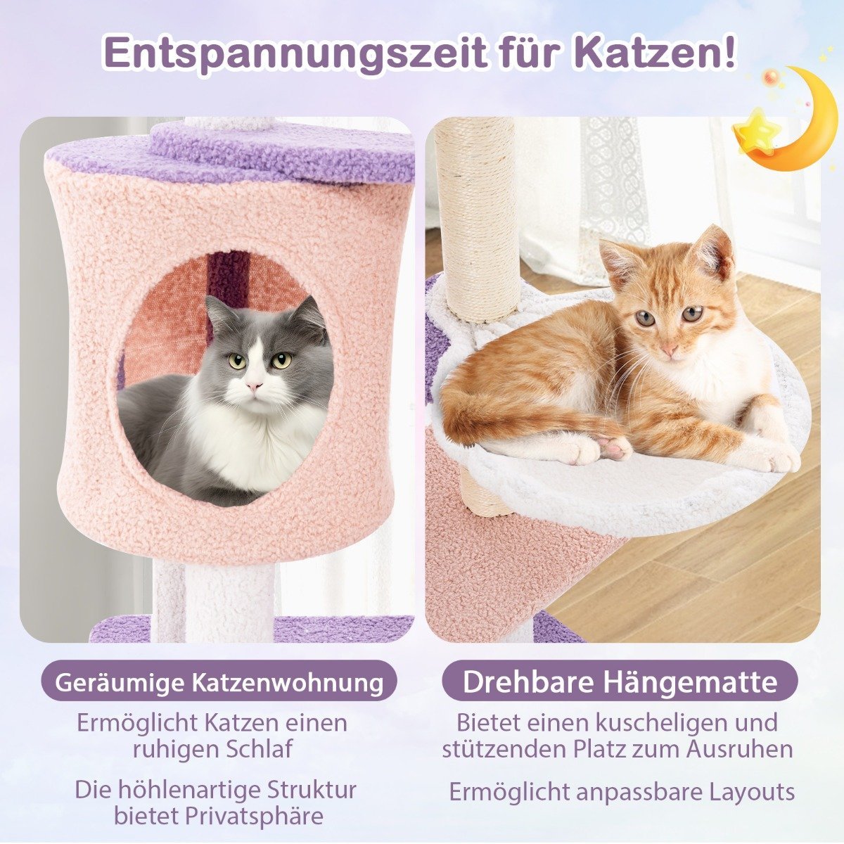 Scratching post cat tree with cat cave & hammock & toy purple + pink 59 x 49 x 140 cm