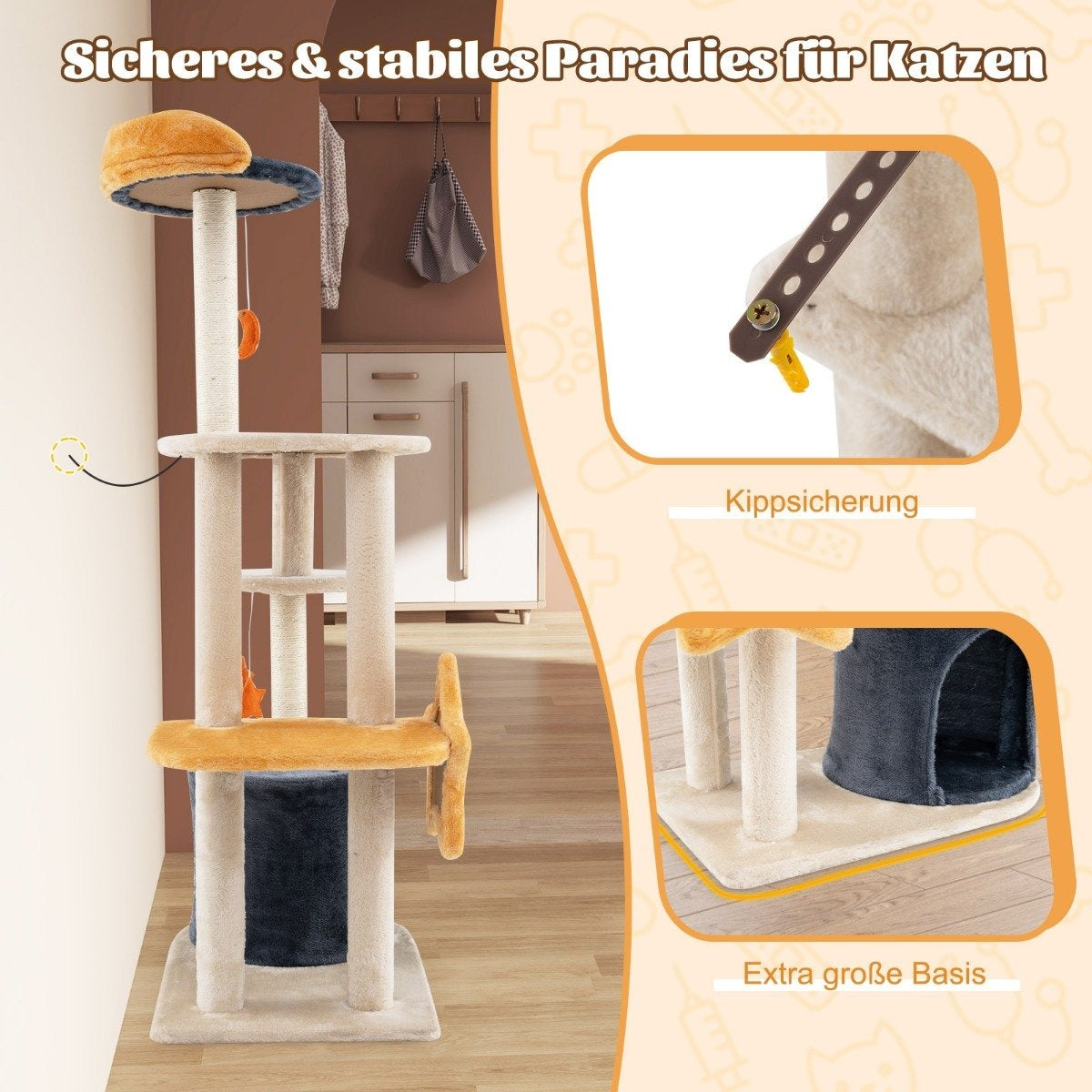 Scratching post cat tree with cat cave & plush seat & toys & toys & platforms 60 x 41 x 128 cm