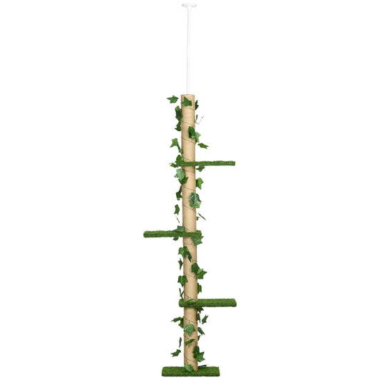 Adjustable jute cat tree, ceiling height 202-242 cm, green/yellow