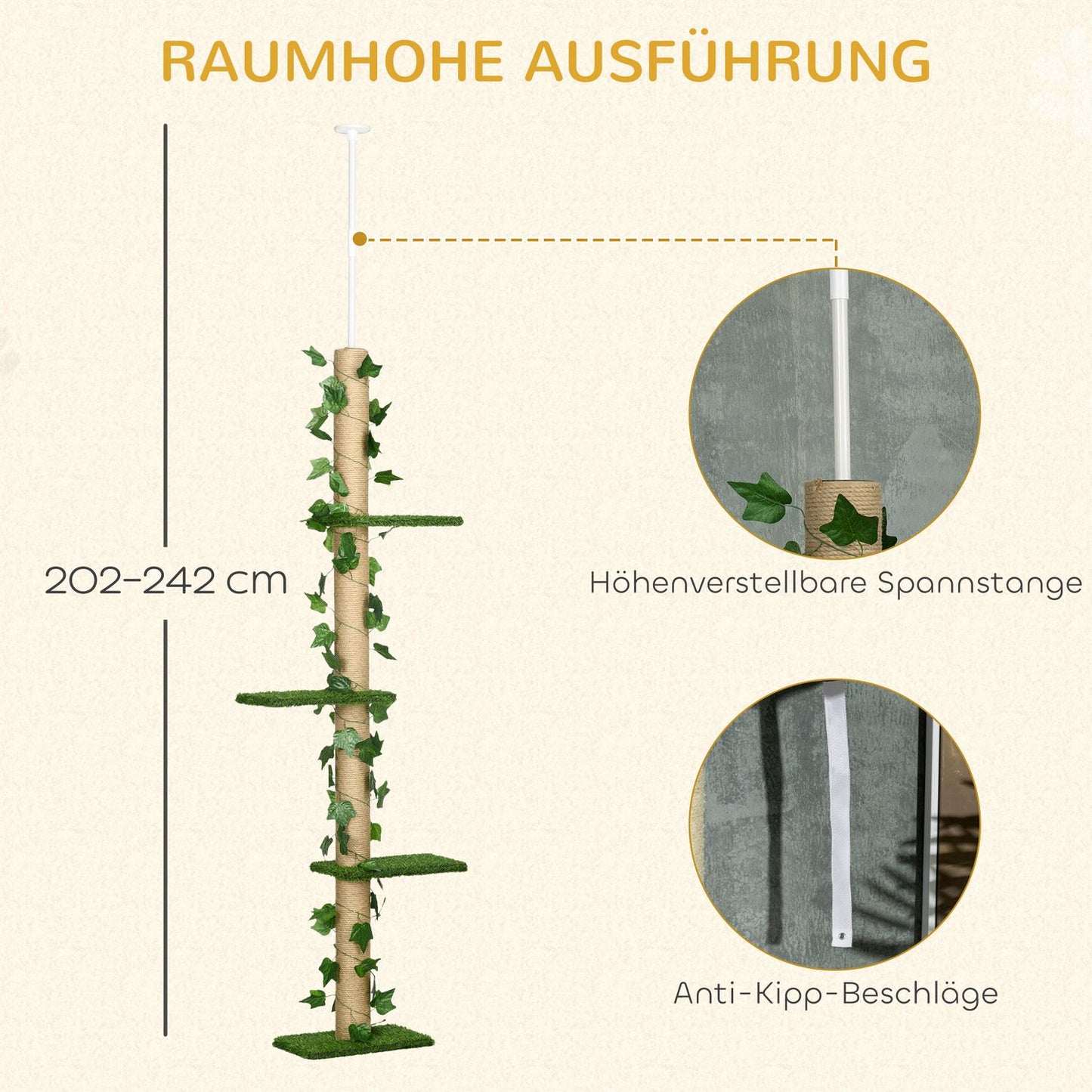 Adjustable jute cat tree, ceiling height 202-242 cm, green/yellow