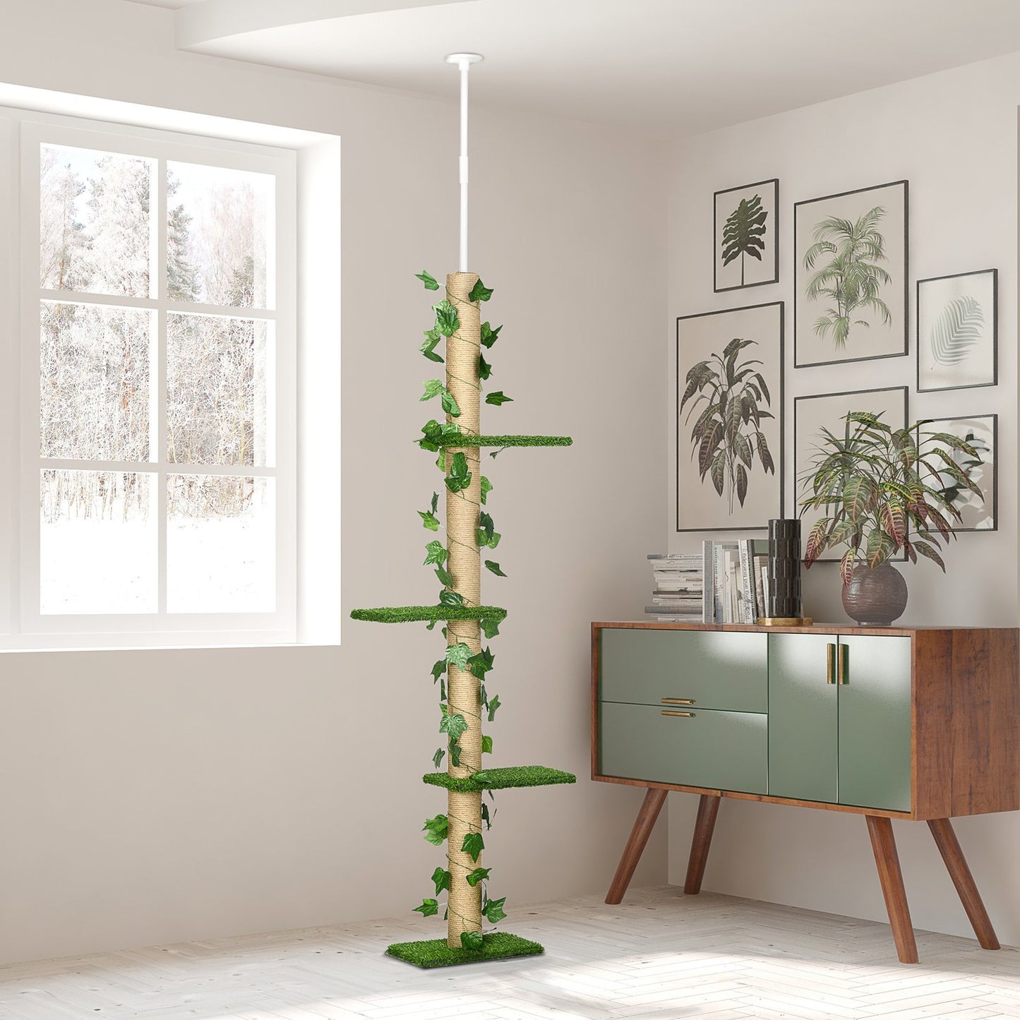 Adjustable jute cat tree, ceiling height 202-242 cm, green/yellow