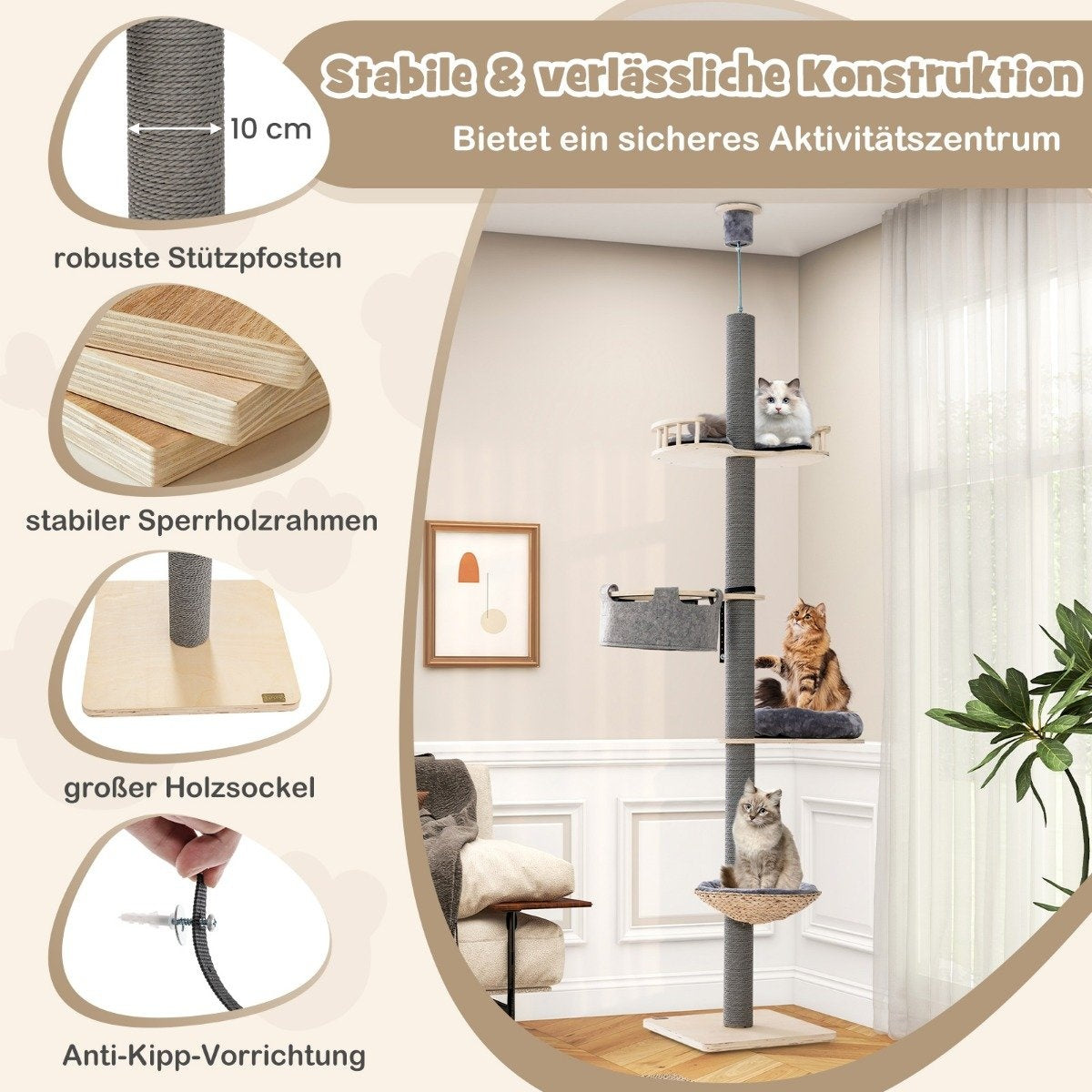 Scratching post ceiling high 236-271 cm from floor to ceiling cat furniture wood gray