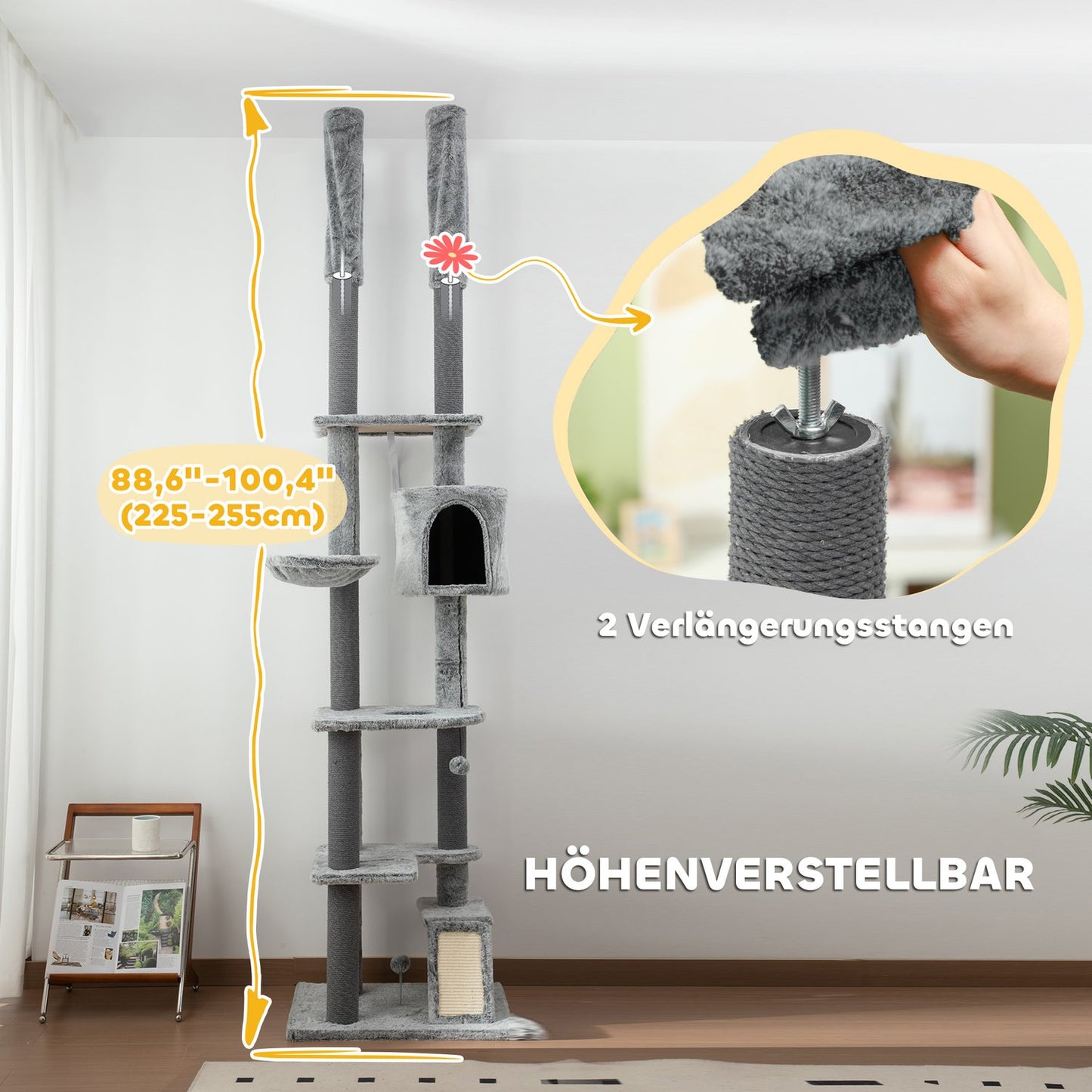 High-ceilinged cat tree with cave, basket and play ball, gray