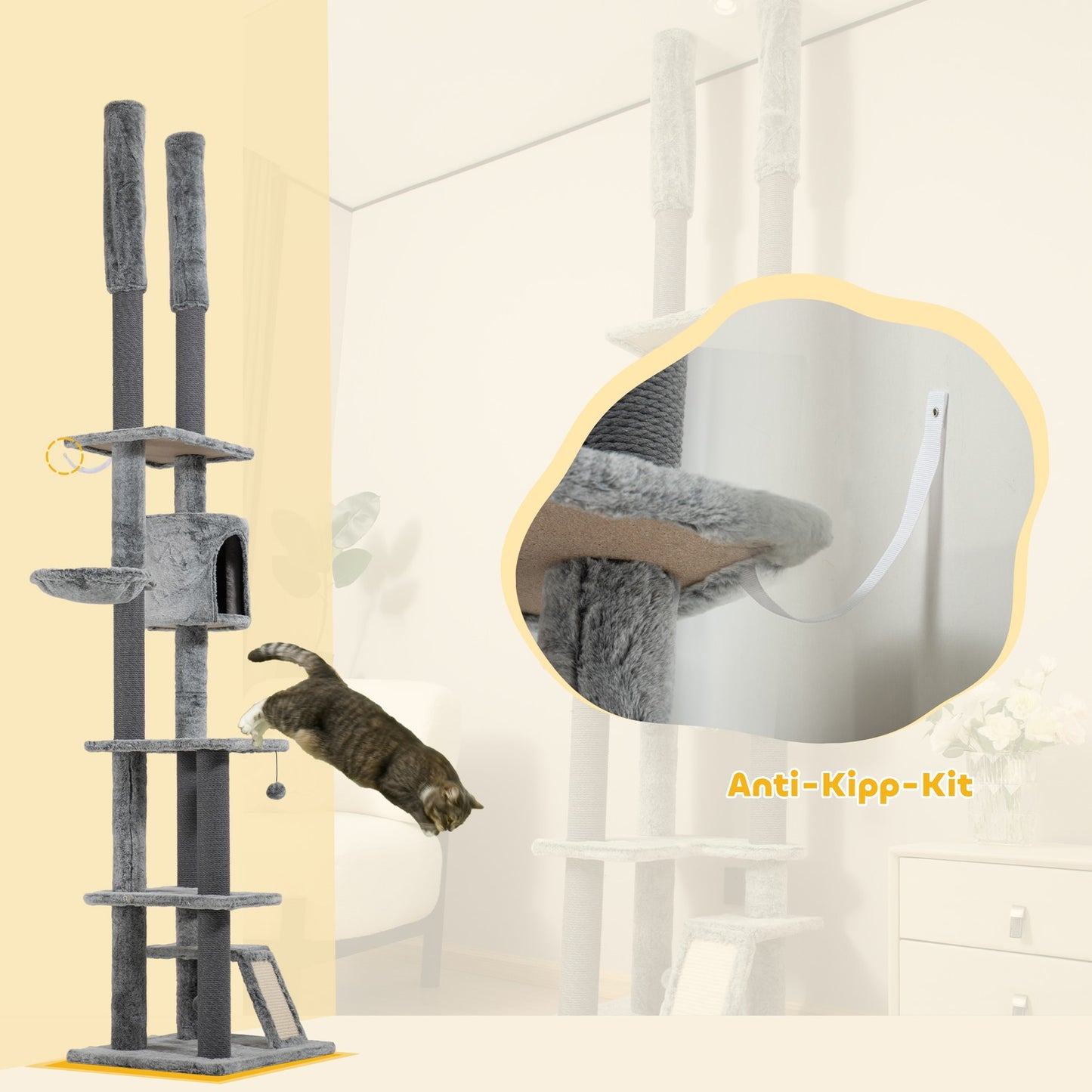 High-ceilinged cat tree with cave, basket and play ball, gray