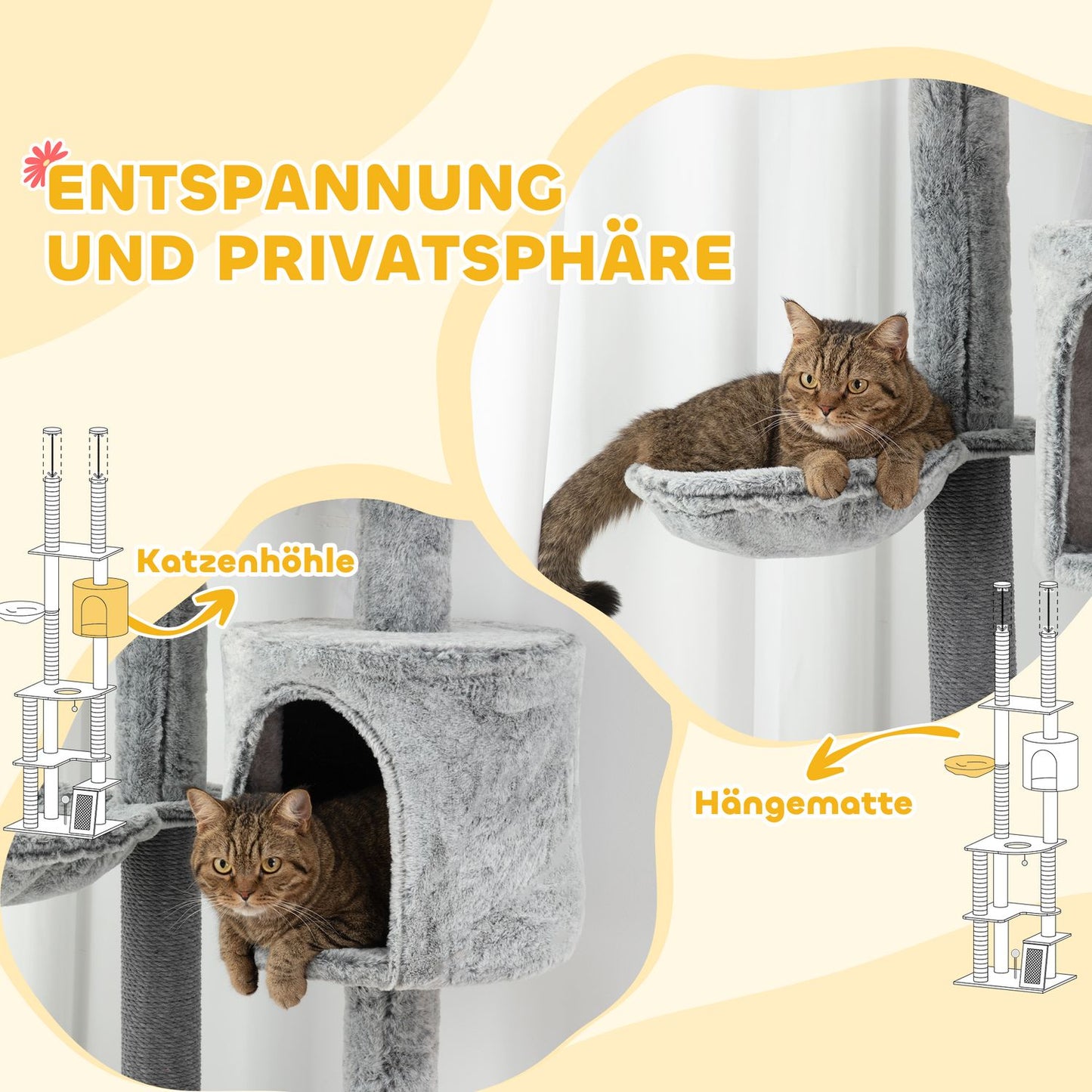 High-ceilinged cat tree with cave, basket and play ball, gray