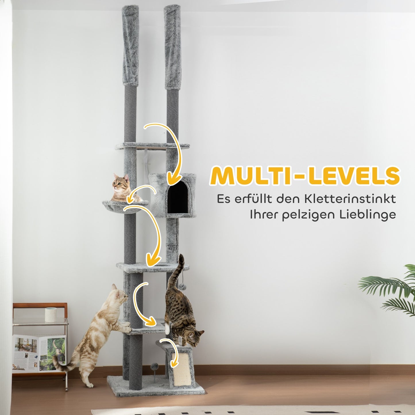 High-ceilinged cat tree with cave, basket and play ball, gray