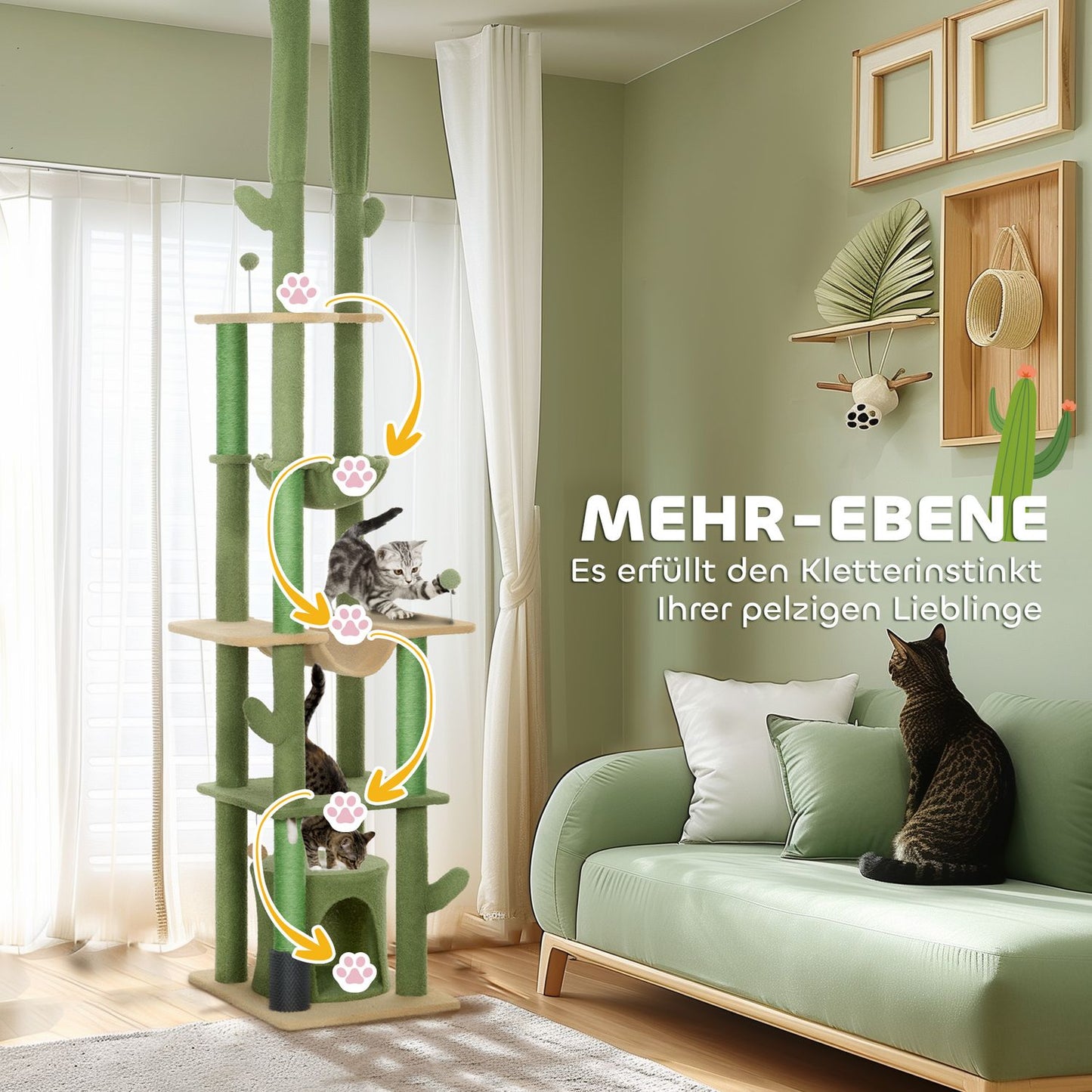 High ceiling cat tree 225-255cm with cave & basket - green
