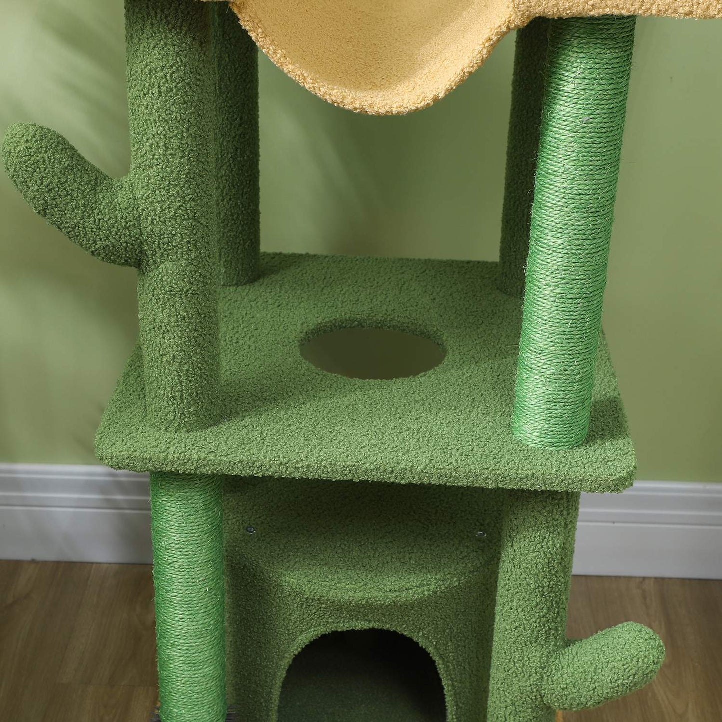 High ceiling cat tree 225-255cm with cave & basket - green