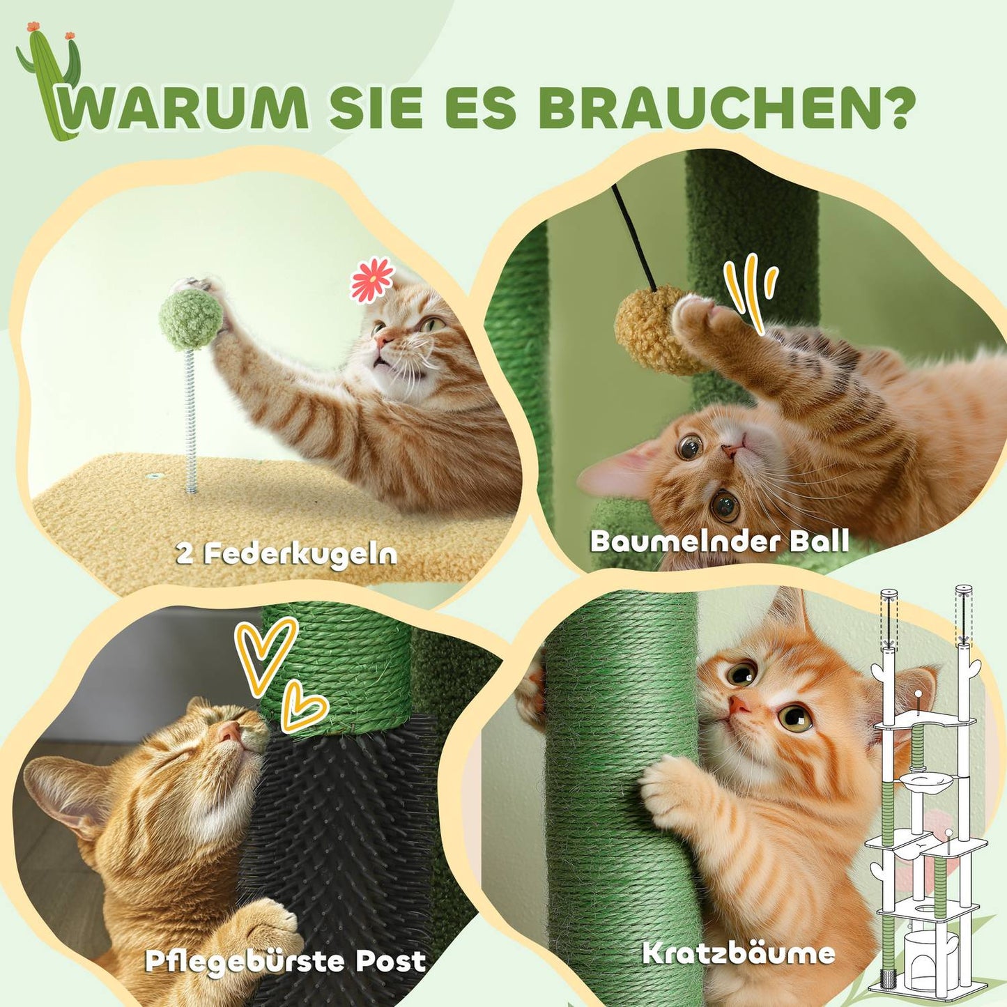 High ceiling cat tree 225-255cm with cave & basket - green
