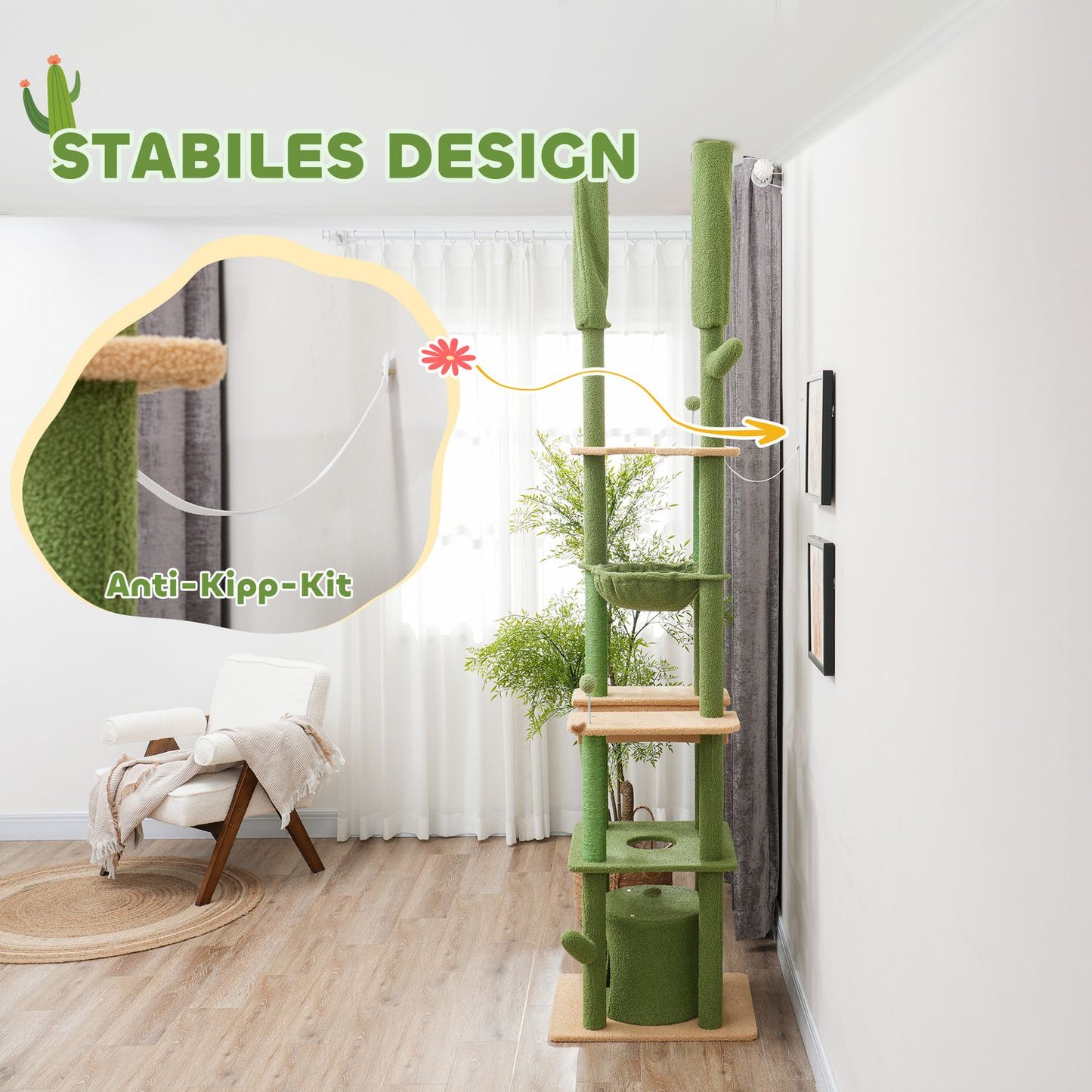 High ceiling cat tree 225-255cm with cave & basket - green