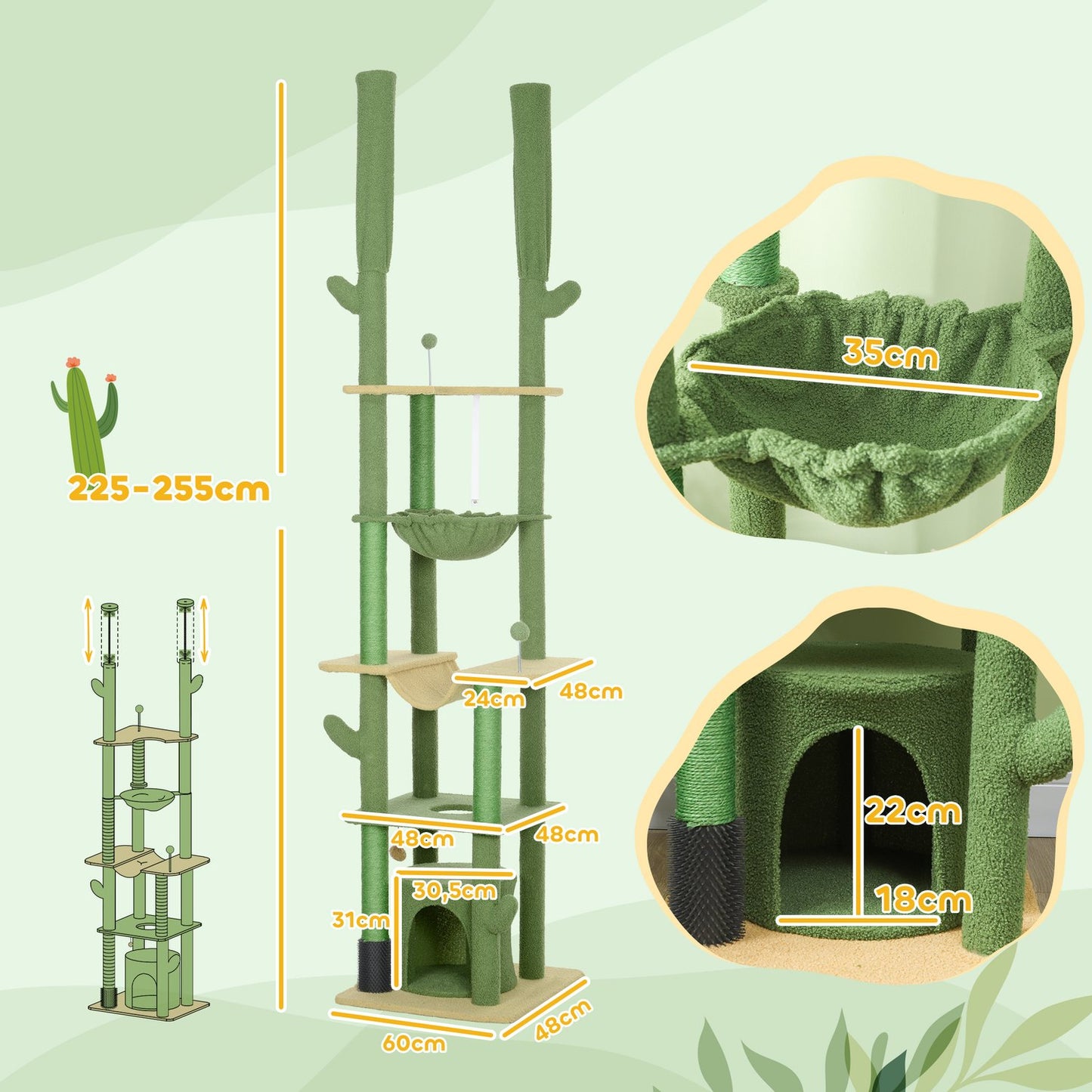 High ceiling cat tree 225-255cm with cave & basket - green