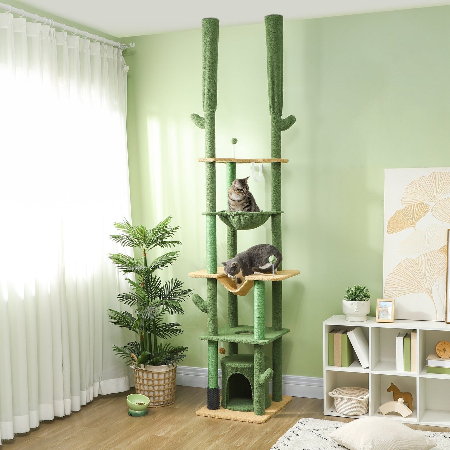 High ceiling cat tree 225-255cm with cave & basket - green