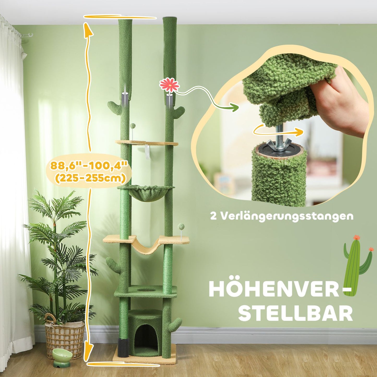 High ceiling cat tree 225-255cm with cave & basket - green