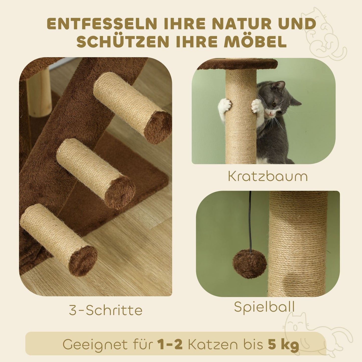 Ceiling-high cat tree with cave & play ball 225-265cm