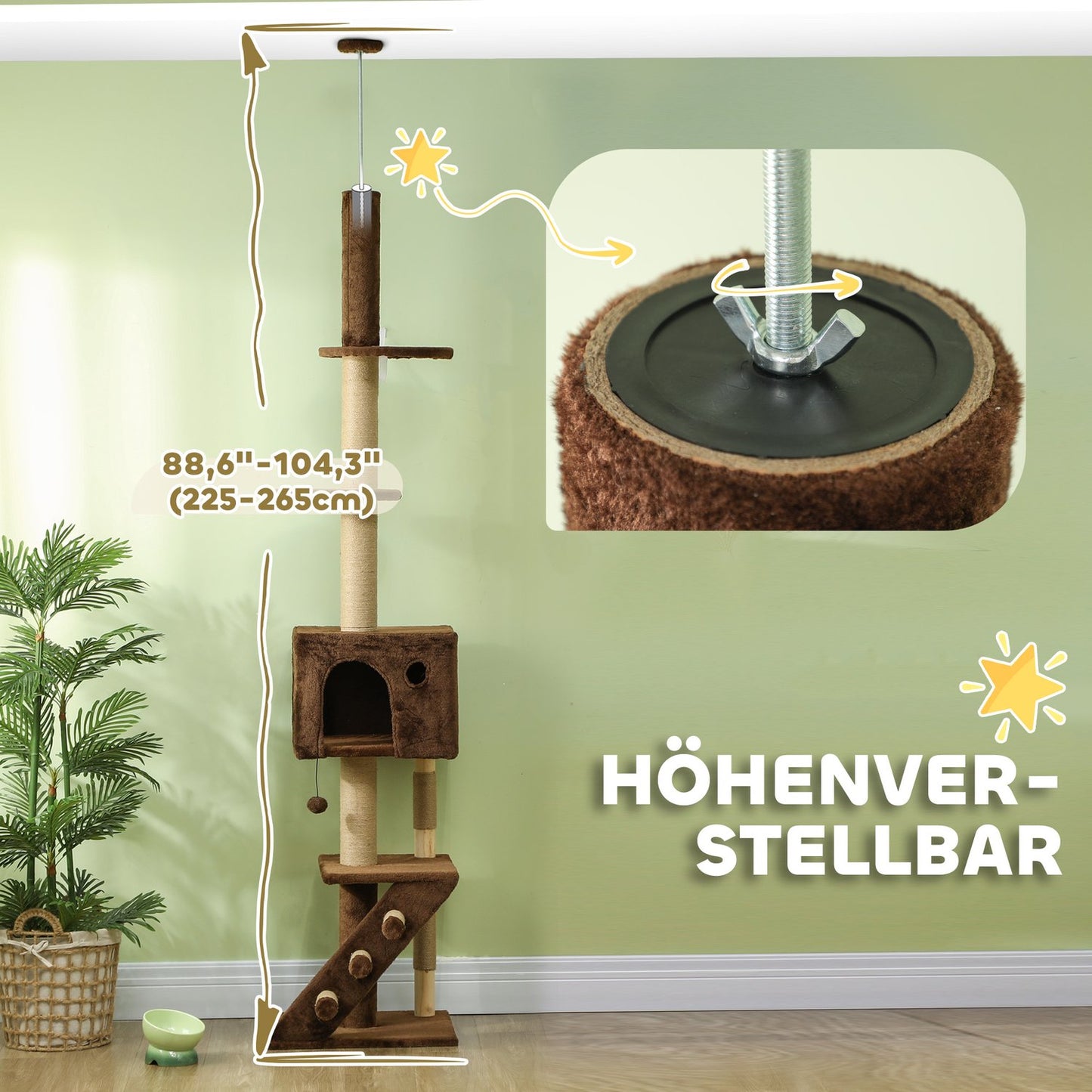 Ceiling-high cat tree with cave & play ball 225-265cm